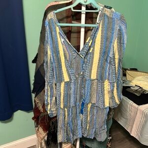 Blue Cream Silver Thread Boho Mini Dress